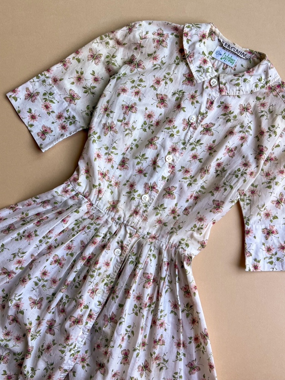 Vintage 1950s Ivory Summer Dress With Pink Florals and Butterflies (XXS)